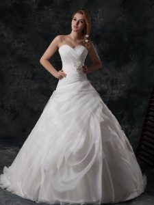 Organza V-neck Sleeveless Brush Train Lace Up Ruffled Layers and Hand Made Flower Bridal Gown in White