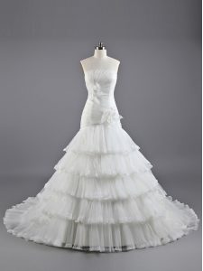 Sleeveless Ruffled Layers and Hand Made Flower Lace Up Bridal Gown with White Brush Train