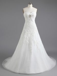 White Tulle Lace Up Sweetheart Sleeveless With Train Bridal Gown Brush Train Beading and Appliques