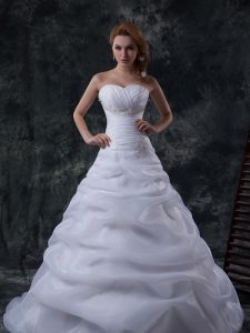 Cute White Sleeveless Brush Train Beading and Ruching and Pick Ups Floor Length Wedding Dresses