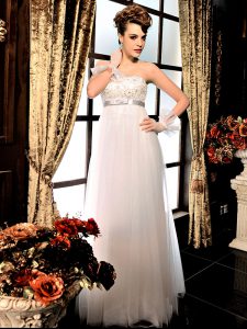 White Empire Lace and Belt Wedding Gowns Lace Up Tulle Sleeveless Floor Length