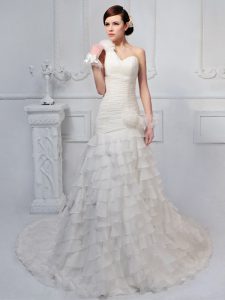 Free and Easy White A-line One Shoulder Sleeveless Organza Brush Train Lace Up Ruffled Layers and Ruching and Hand Made 