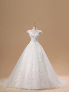 Cute Short Sleeves Brush Train Lace and Appliques Lace Up Bridal Gown
