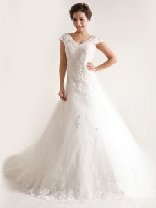 Free and Easy Cap Sleeves Chapel Train Lace Up With Train Lace and Appliques Wedding Gown