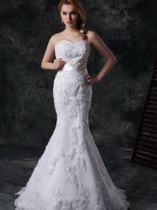 Mermaid Sweetheart Sleeveless Lace Wedding Gown Beading and Appliques and Bowknot and Belt Brush Train Lace Up