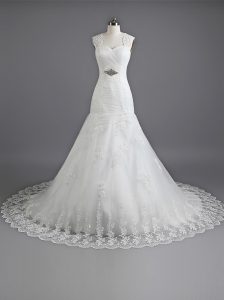 Perfect Mermaid White Wedding Dress Wedding Party and For with Beading and Lace Sweetheart Sleeveless Chapel Train Lace 