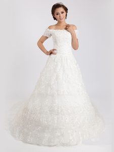 Flirting Lace Off The Shoulder Short Sleeves Court Train Lace Up Lace Wedding Gowns in White