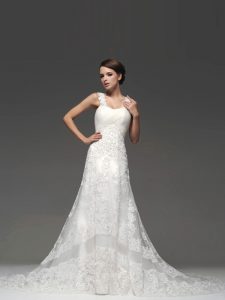 Straps Sleeveless Brush Train Lace Up Wedding Dresses White Lace