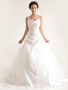 Sumptuous Lace Sleeveless With Train Wedding Dresses Brush Train and Lace and Appliques and Hand Made Flower