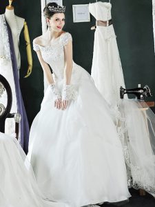 Off the Shoulder Cap Sleeves Beading and Lace and Appliques Lace Up Bridal Gown
