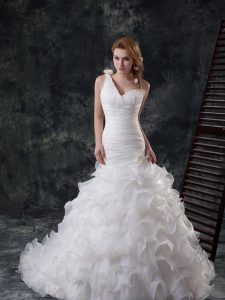 Discount Mermaid Ruffled White One Shoulder Lace Up Ruffles and Ruching and Hand Made Flower Bridal Gown Brush Train Sle