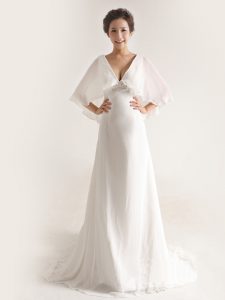 Glamorous White Zipper V-neck Ruching Wedding Gown Chiffon Half Sleeves Brush Train