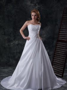 Enchanting Sleeveless Ruching Lace Up Wedding Gown with White Brush Train