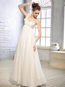 Custom Designed Sleeveless Chiffon Floor Length Lace Up Wedding Dresses in White with Ruching and Hand Made Flower