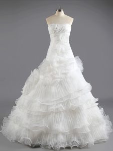 Wonderful White Wedding Gown Wedding Party and For with Ruffled Layers Strapless Sleeveless Court Train Lace Up