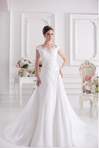 Modest Off the Shoulder White Zipper Wedding Gowns Beading and Appliques Sleeveless Court Train