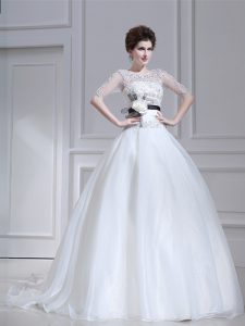 Scoop Half Sleeves With Train Beading and Appliques Zipper Wedding Gown with White Brush Train