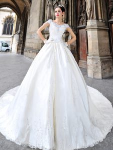 Best Satin Off The Shoulder Cap Sleeves Cathedral Train Side Zipper Beading and Lace and Appliques Wedding Dress in Whit