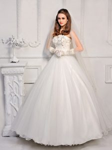 White Satin and Organza Lace Up Bridal Gown Sleeveless Ankle Length Beading