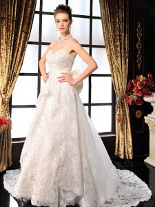 White Wedding Dress Lace Brush Train Sleeveless Beading and Lace and Bowknot