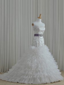 Graceful Strapless Sleeveless Wedding Dresses Floor Length Beading and Ruffles and Belt White Organza