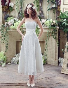 Sleeveless Ankle Length Lace and Hand Made Flower Lace Up Wedding Dress with White