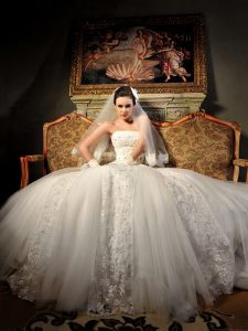 White Ball Gowns Strapless Sleeveless Tulle With Train Lace Up Beading and Lace Bridal Gown