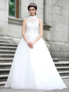 High End High-neck Sleeveless Zipper Wedding Gowns White Tulle
