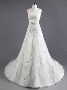 Chapel Train Empire Wedding Gown White Square Organza Sleeveless With Train Lace Up