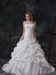 Ruching and Pick Ups Wedding Gown White Lace Up Sleeveless With Brush Train