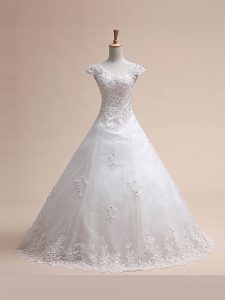 Sumptuous White Sleeveless Tulle Court Train Lace Up Wedding Dress for Wedding Party