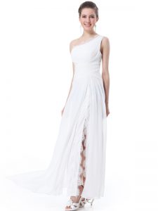 Classical White Empire One Shoulder Sleeveless Chiffon Floor Length Zipper Lace Wedding Dress