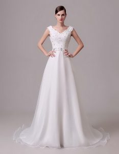 White Sleeveless Brush Train Beading and Sashes ribbons With Train Bridal Gown
