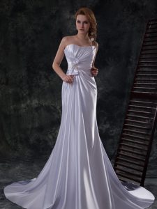 Delicate Elastic Woven Satin Sleeveless Wedding Gown Brush Train and Beading and Ruching and Bowknot