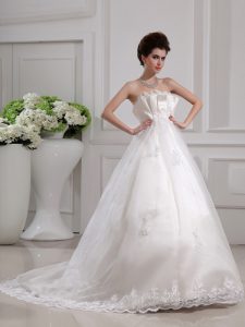 White Bridal Gown Wedding Party and For with Beading and Appliques Scalloped Sleeveless Brush Train Side Zipper