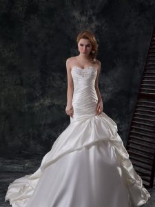 Gorgeous White Mermaid Taffeta Sweetheart Sleeveless Beading and Ruching Lace Up Wedding Dress Court Train
