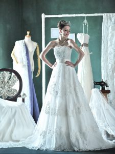 Unique White Strapless Neckline Lace and Appliques Wedding Dresses Sleeveless Lace Up