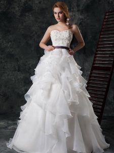 Smart Ruffled Brush Train A-line Bridal Gown White Sweetheart Organza Sleeveless Zipper