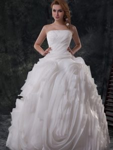Luxurious With Train White Wedding Gown Strapless Sleeveless Brush Train Lace Up