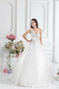 One Shoulder Satin Sleeveless With Train Wedding Gown Brush Train and Beading and Appliques and Hand Made Flower