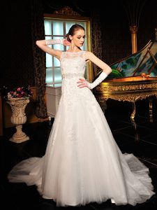 White Tulle and Lace Zipper Scalloped Sleeveless Bridal Gown Court Train Lace