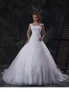 Enchanting Off the Shoulder With Train Lace Up Wedding Dresses White for Wedding Party with Beading and Lace and Embroid
