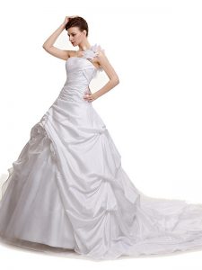White Lace Up One Shoulder Ruching and Pick Ups Wedding Dresses Taffeta Sleeveless Court Train