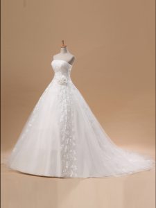 Customized White Lace Up Wedding Dresses Lace and Appliques and Hand Made Flower Sleeveless With Train Court Train