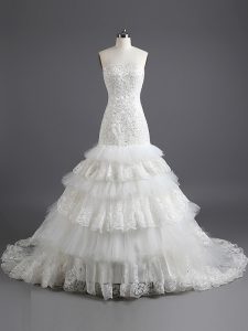 Gorgeous Ruffled Court Train Mermaid Wedding Dress White Strapless Tulle and Lace Sleeveless With Train Lace Up