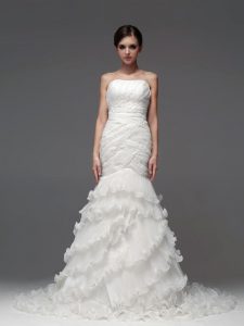 Mermaid Sleeveless Organza With Brush Train Lace Up Wedding Dress in White with Ruffled Layers