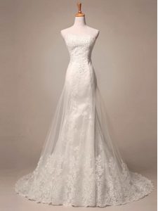 White Mermaid Lace and Appliques Wedding Gowns Lace Up Tulle and Lace Sleeveless