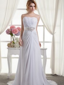 Ideal Sleeveless Sweep Train Beading and Ruching Lace Up Wedding Gowns