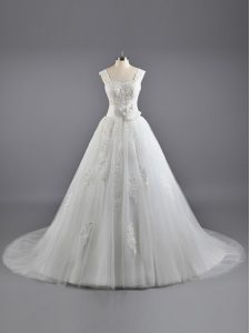 Clearance White A-line Straps Sleeveless Tulle and Lace Court Train Lace Up Lace Wedding Dresses