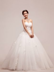 White Sleeveless Floor Length Appliques and Ruching and Hand Made Flower Lace Up Wedding Dress